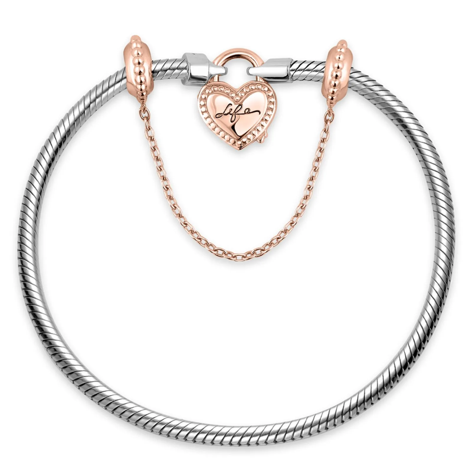 Pulseira Life Love II Coração em Liga Rosé com Banho de Rosé 18k e Pedras Pink